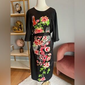 ASOS Black Midi Dress with Pink Floral & Red Dragon Embroidery